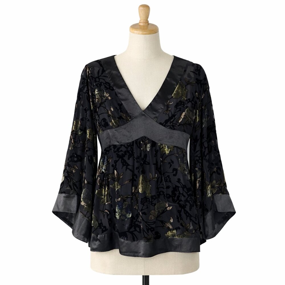 Goth Floral Silk Velvet Burnout Babydoll Top M Whimsigoth Kimono Grunge Y2K